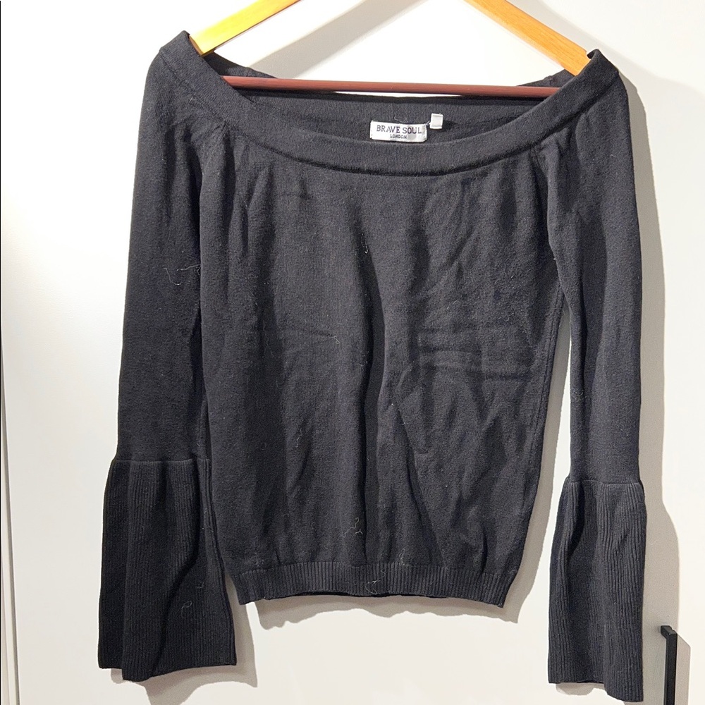 Brave Soul Off-Shoulder Black Bell Sleeve Sweater – Size XS